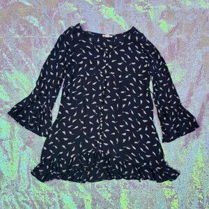 BILLABONG WOMENS DRESS, BLACK WITH FLORAL PATTERN, MEDIUM, RUFFLES, BELLE SLEEVE